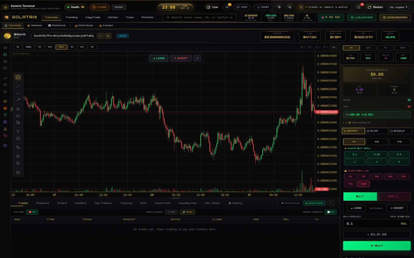 Terminal — live BONK candles (GeckoTerminal), watchlist and guarded swap ticket