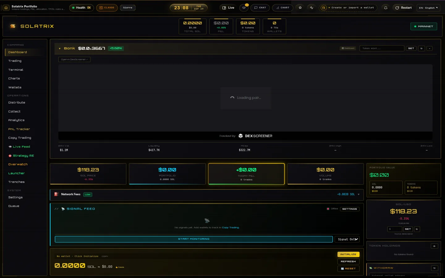Dashboard — live SOL price and token stats; empty until you add a wallet