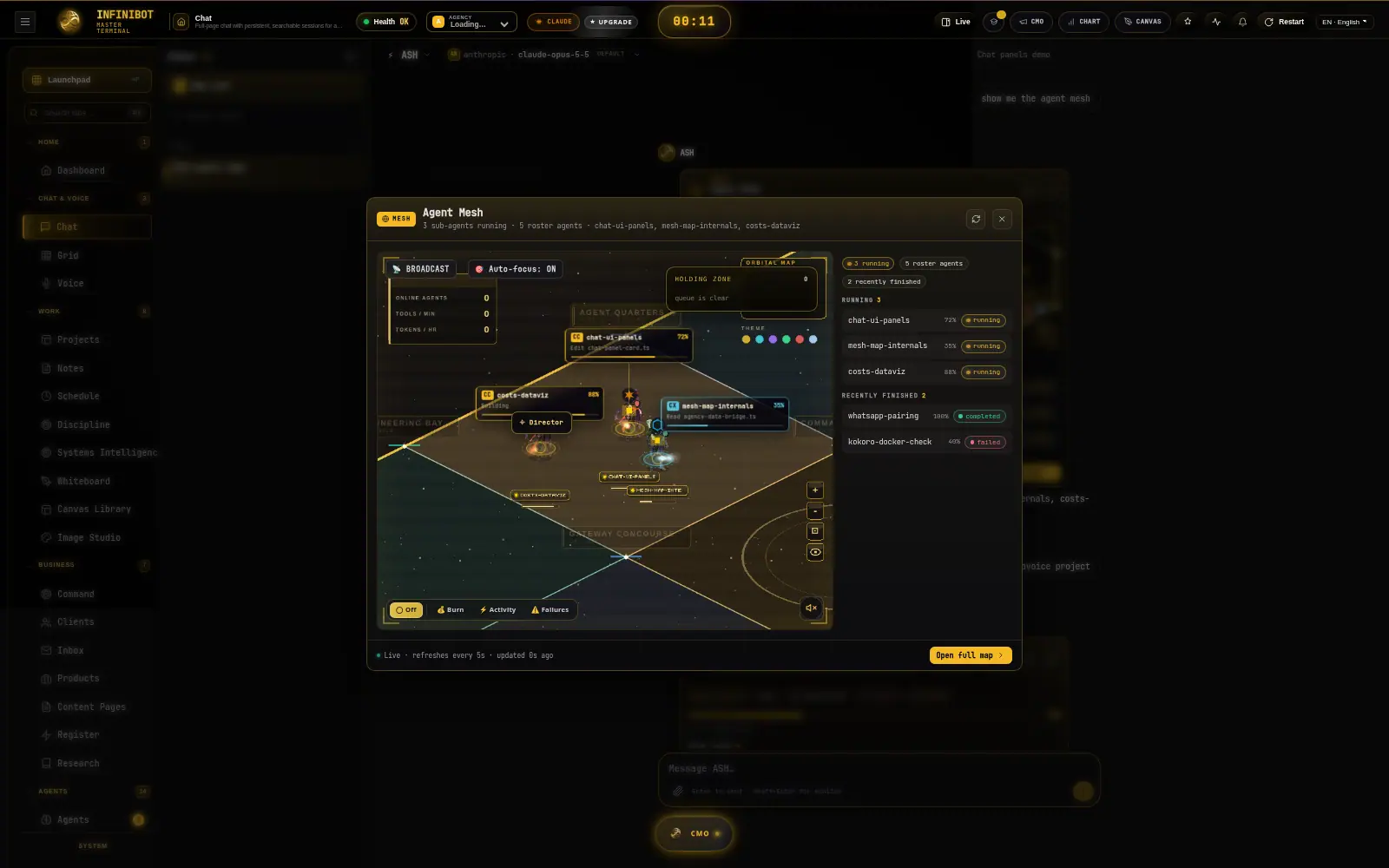InfiniBot chat panel opened over the agent mesh