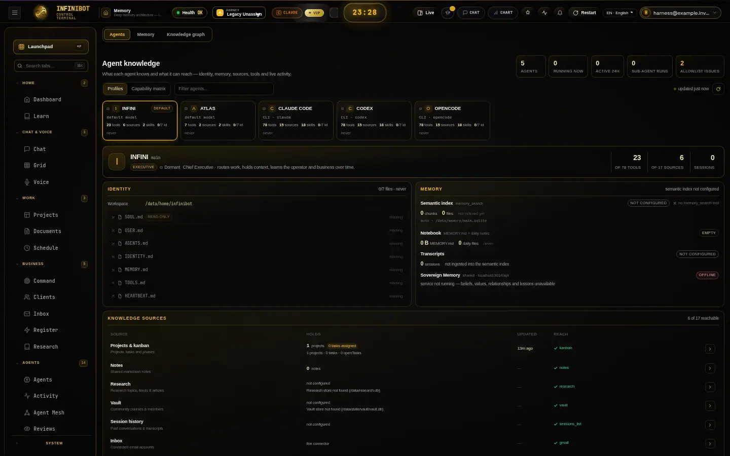 InfiniBot Cloud memory page with agent knowledge and knowledge sources