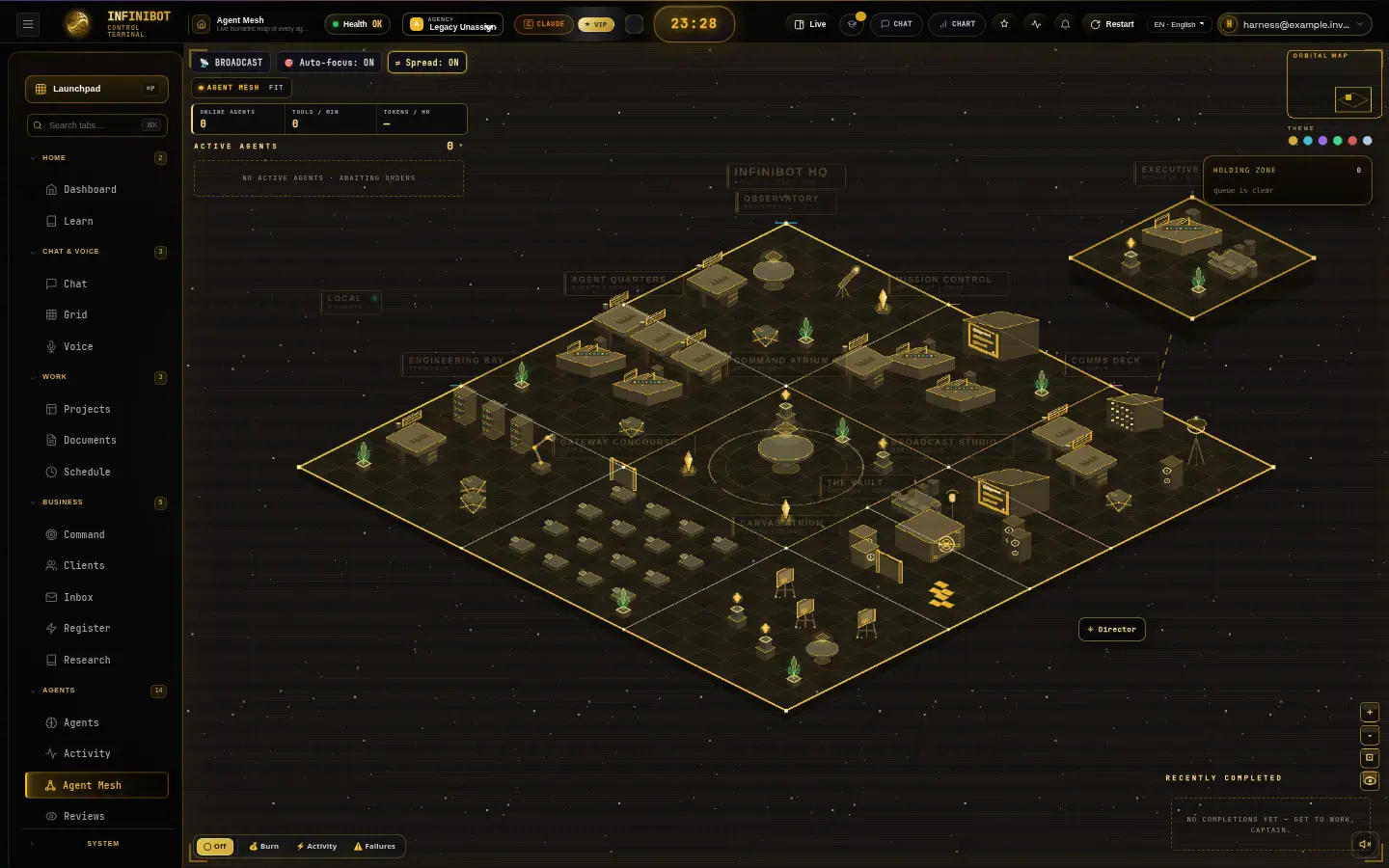 A fresh InfiniBot Cloud workspace showing the live agent mesh map, sidebar and top bar
