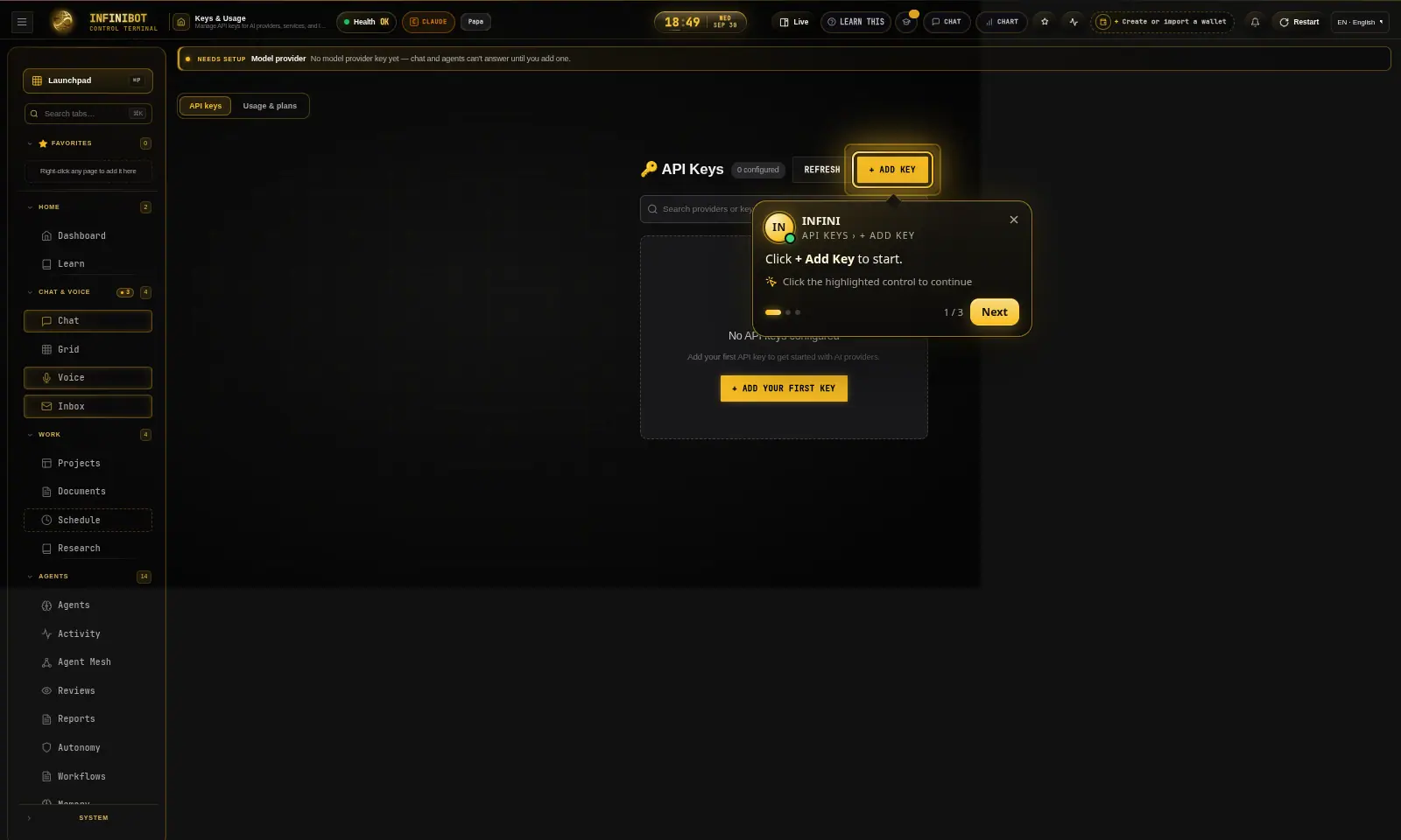 InfiniBot guide highlighting the Add key button on the API keys page with a step card