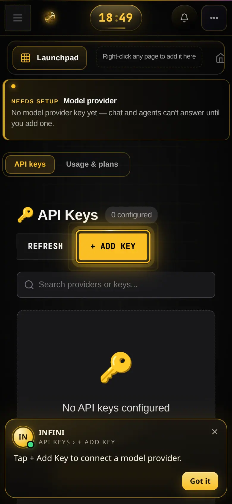 InfiniBot open in a phone browser at 390 pixels, with the guide highlighting Add key