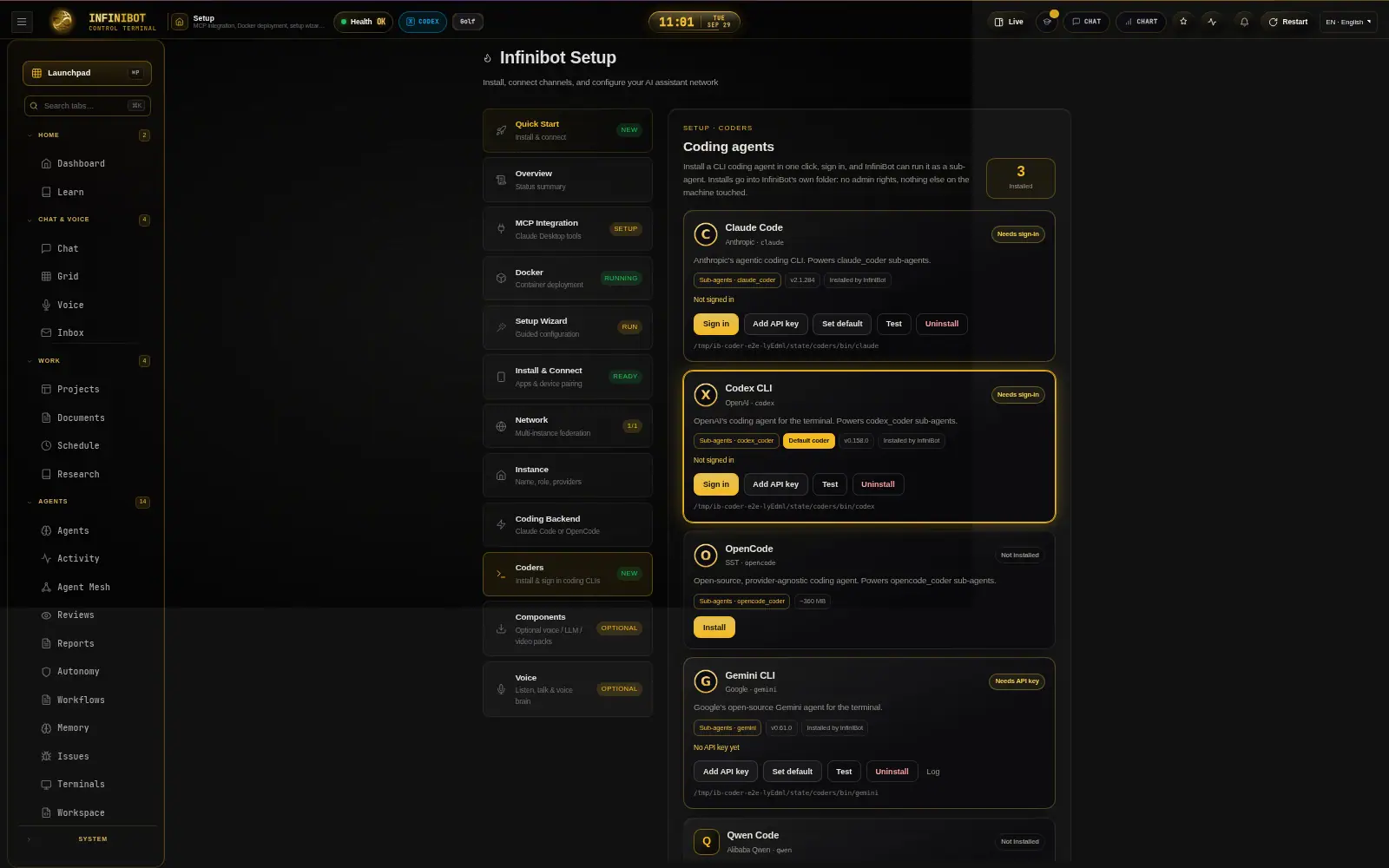 InfiniBot Setup page with the Coders section listing Claude Code, Codex CLI, OpenCode and Gemini CLI with install buttons