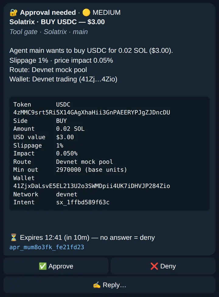 A Telegram approval card from InfiniBot with approve and deny buttons