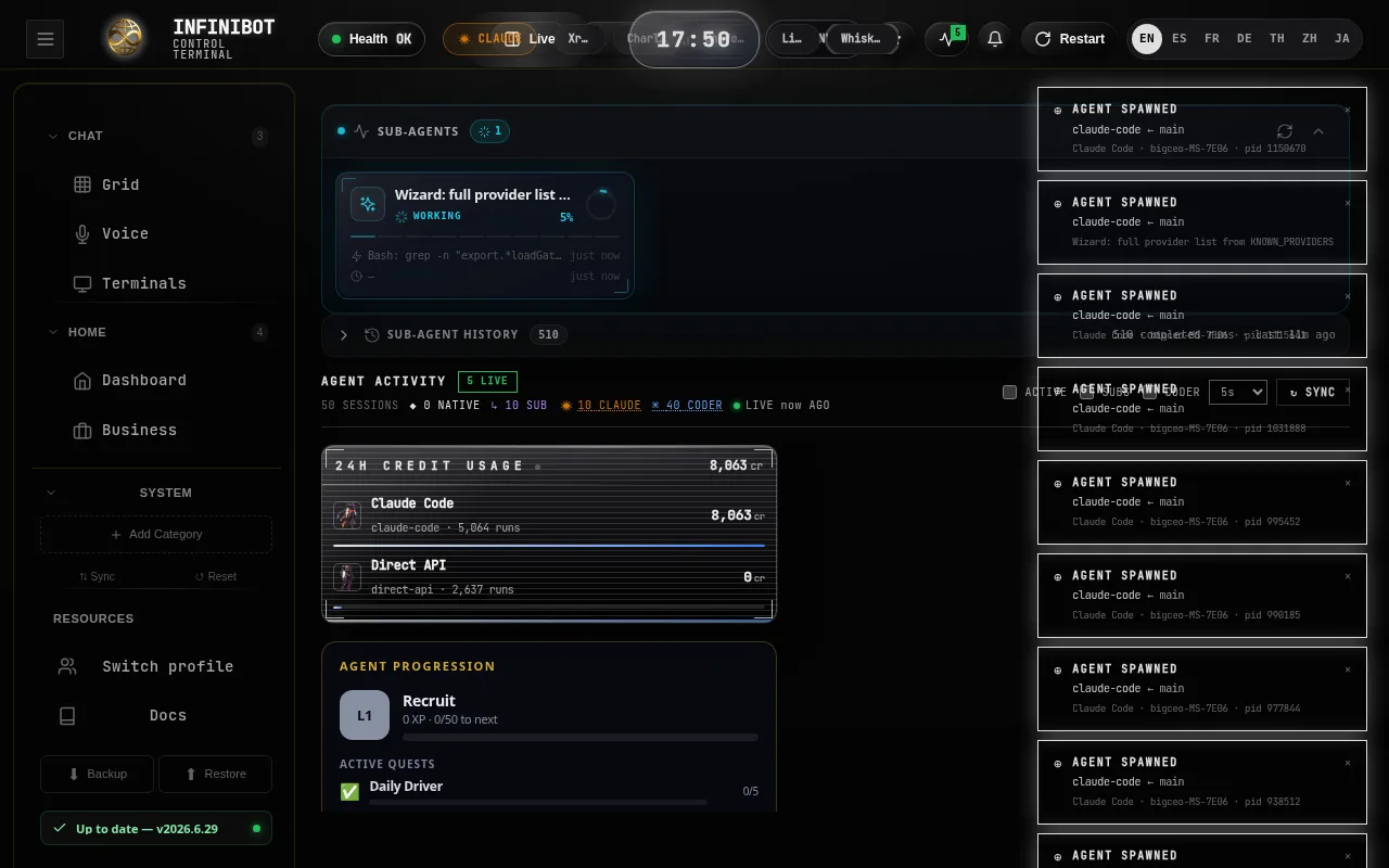 InfiniBot activity feed with spawned sub-agents and tool usage