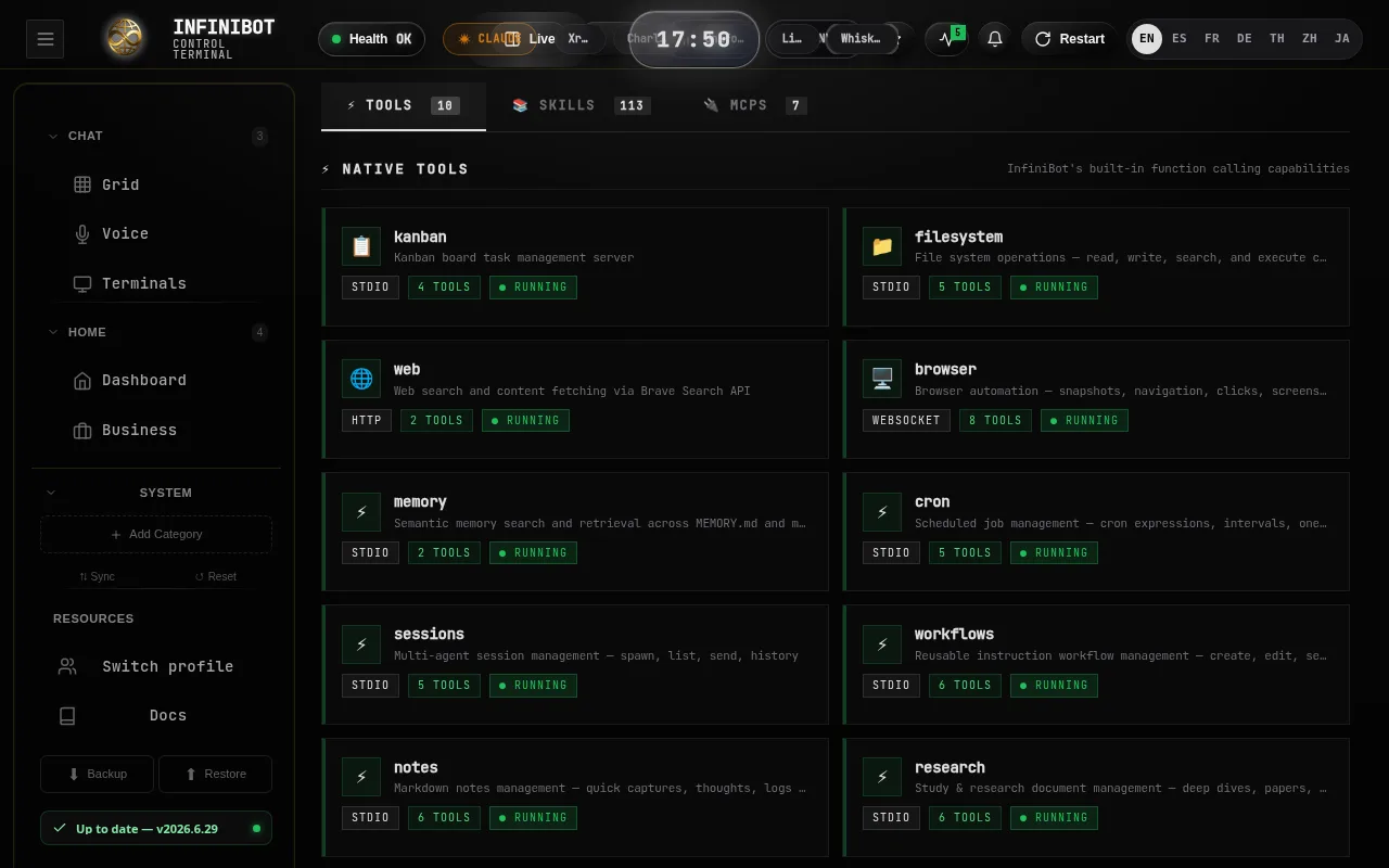 InfiniBot tools page listing native tools, skills and MCP servers
