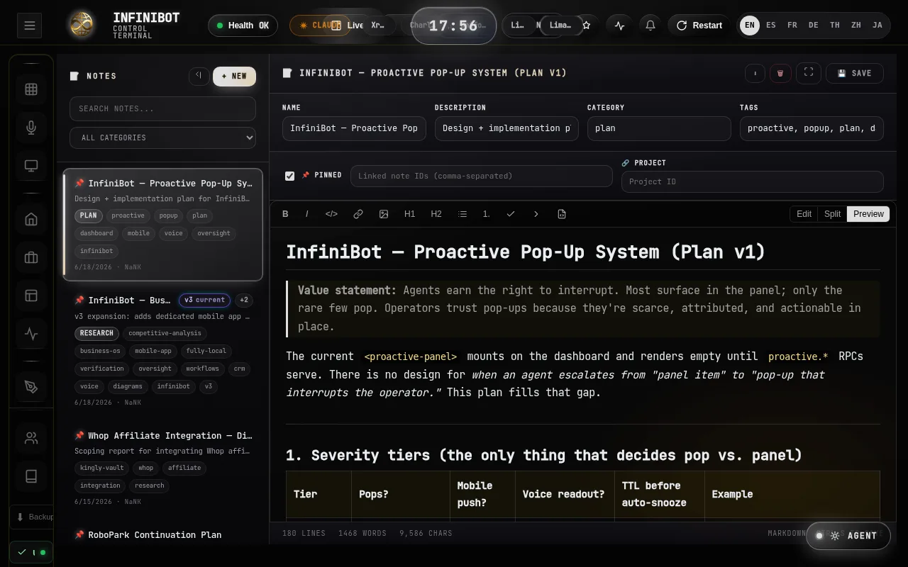 InfiniBot notes editor with a structured plan document
