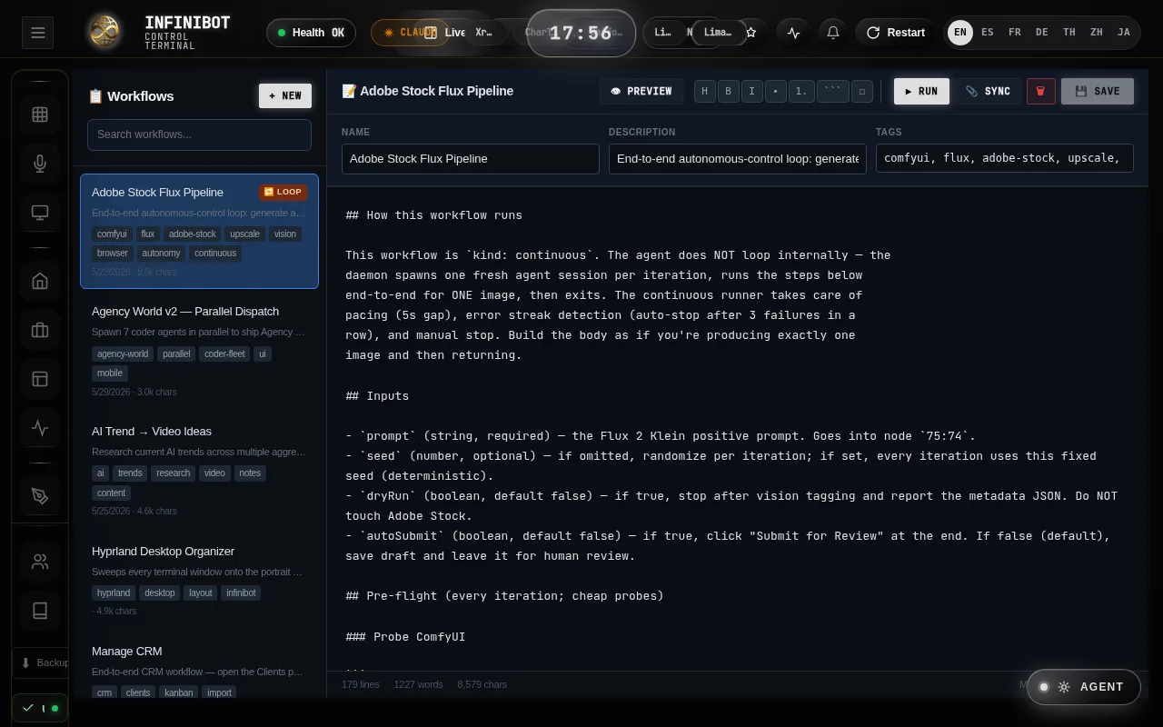 InfiniBot workflows editor with a multi-step pipeline